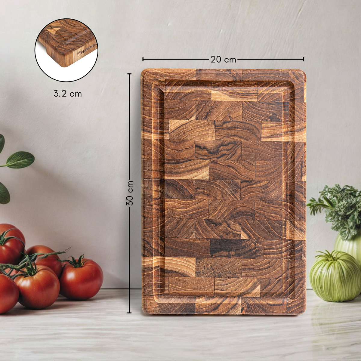 Planche à découper en bois de teck End Grain compacte 30 x 20,5 x 3,2 cm RIO