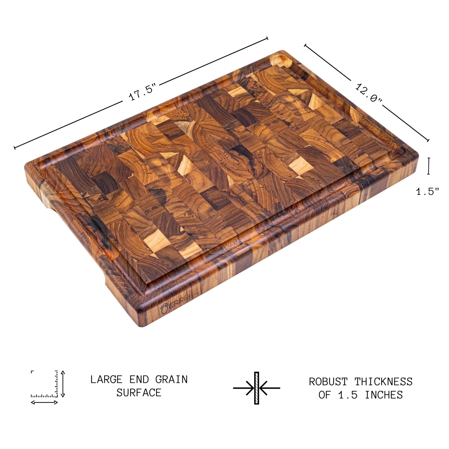 Tabla de Cortar XL en Madera TECA Natural BALI, End Grain, Reversible, Cocina o Barbacoa, Servir Carne Queso Pan, 44x30x3,2cm (ranura para jugos)