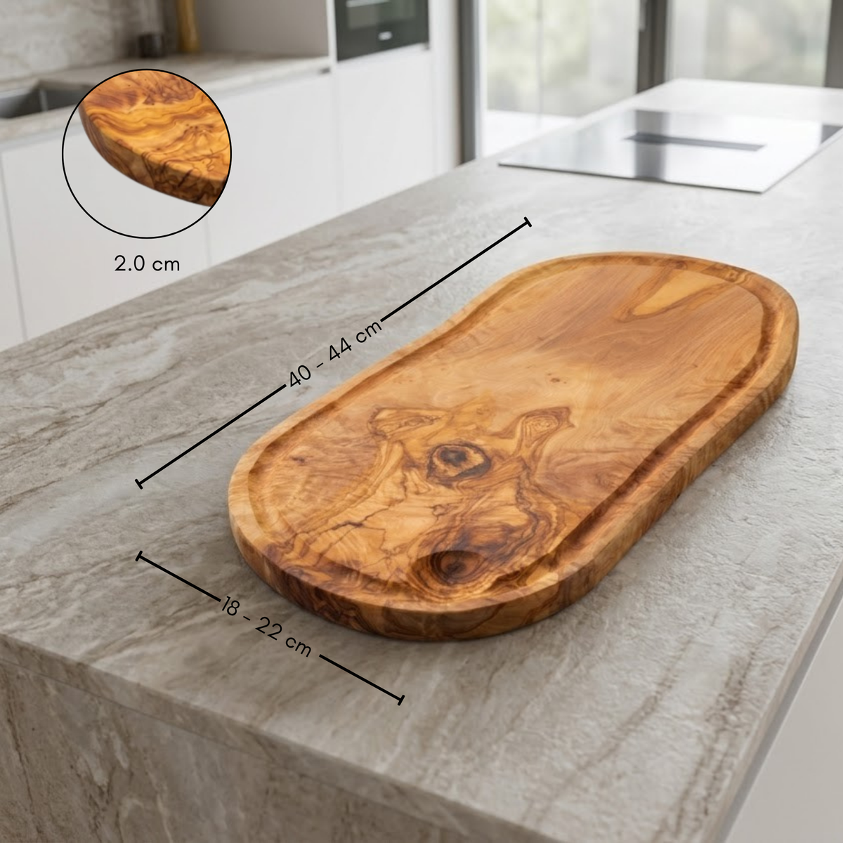 Planche en bois d'olivier naturel BUDAPEST avec rainure à jus 43 x 21 cm