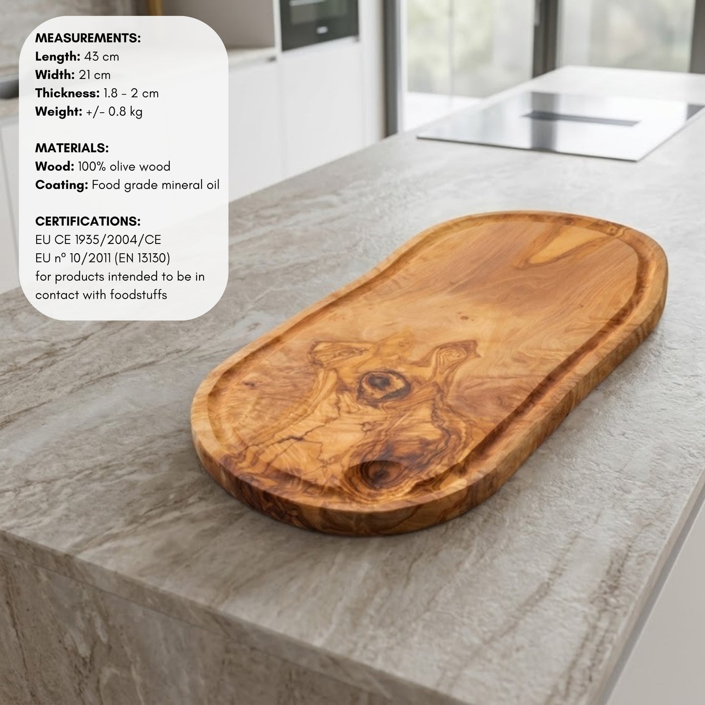 Plank van natuurlijk olijfhout BUDAPEST met sapgeul 43 x 21 cm