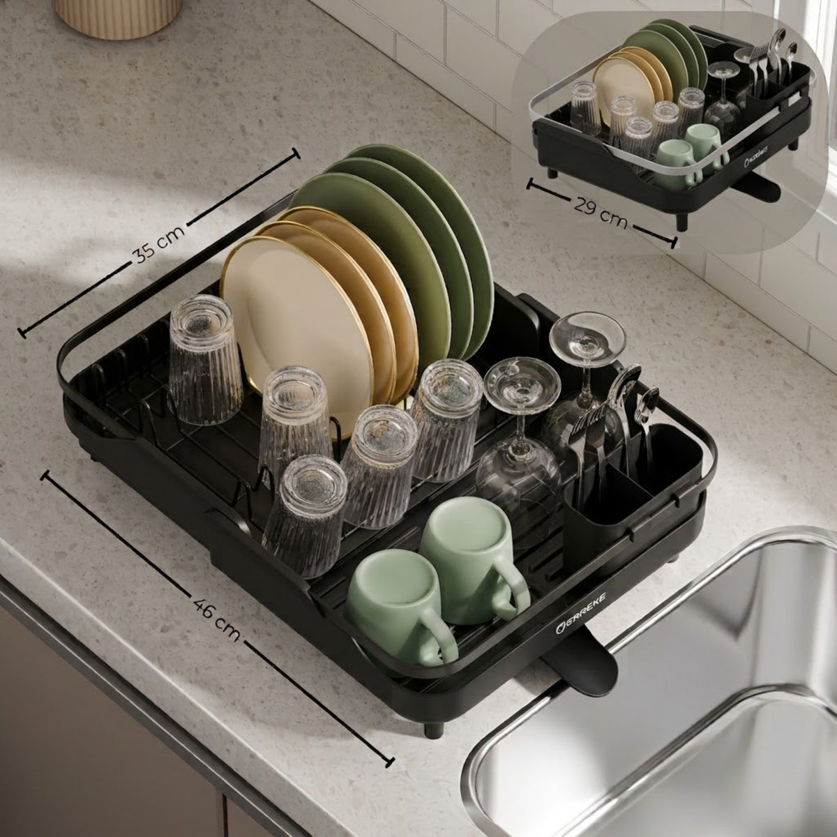 Extendable Dish Rack with Sink Drain Spout in Black