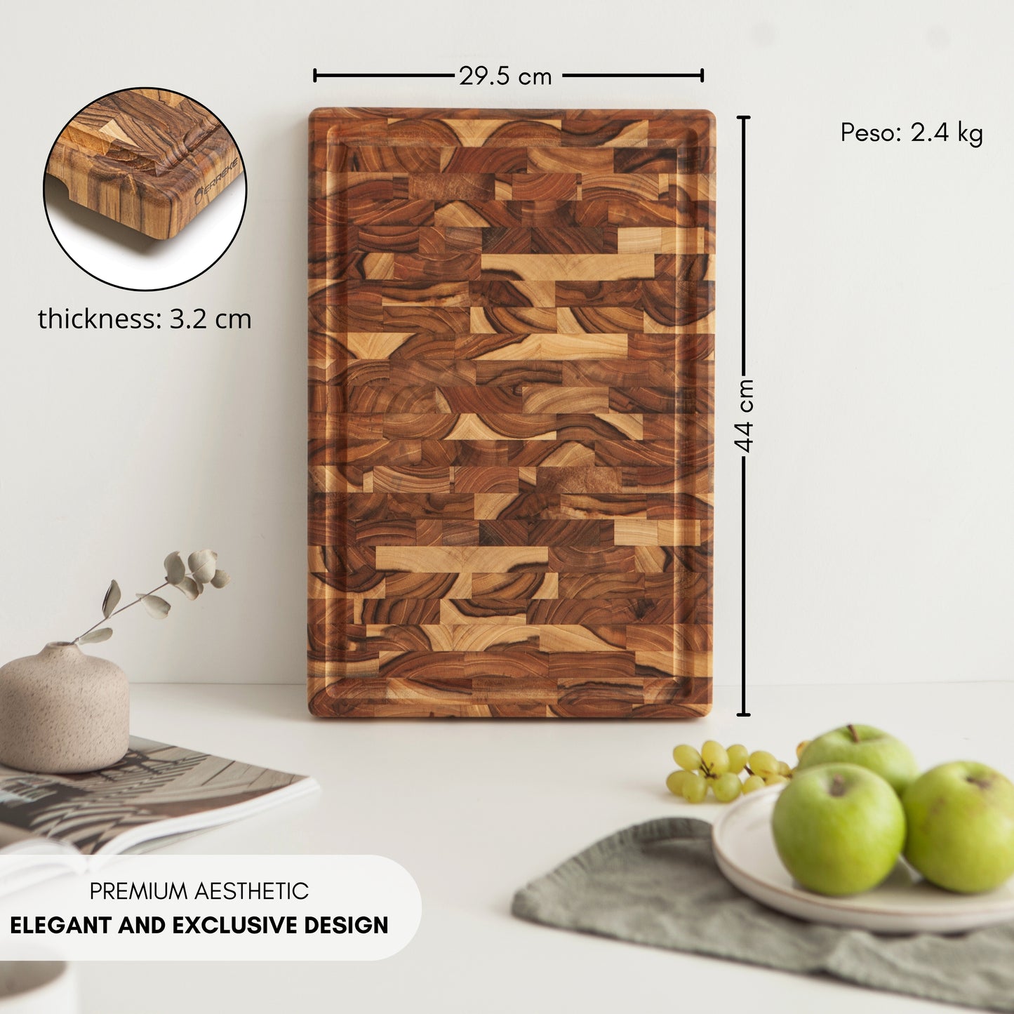 XL Tagliere in Legno TEAK BALI, Venatura Naturale, Reversibile, Cucina o BBQ, Servi Carne Formaggio Pane, 44x30x3,2cm (vano Succhi)