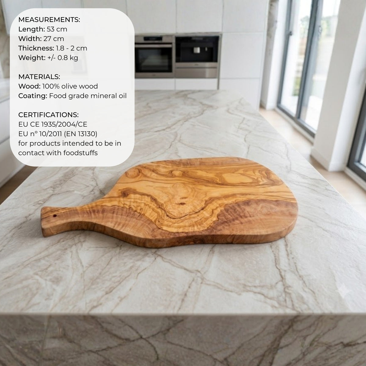 Natural Olive Wood Board MÁLAGA with Handle, 53 x 27 x 2 cm