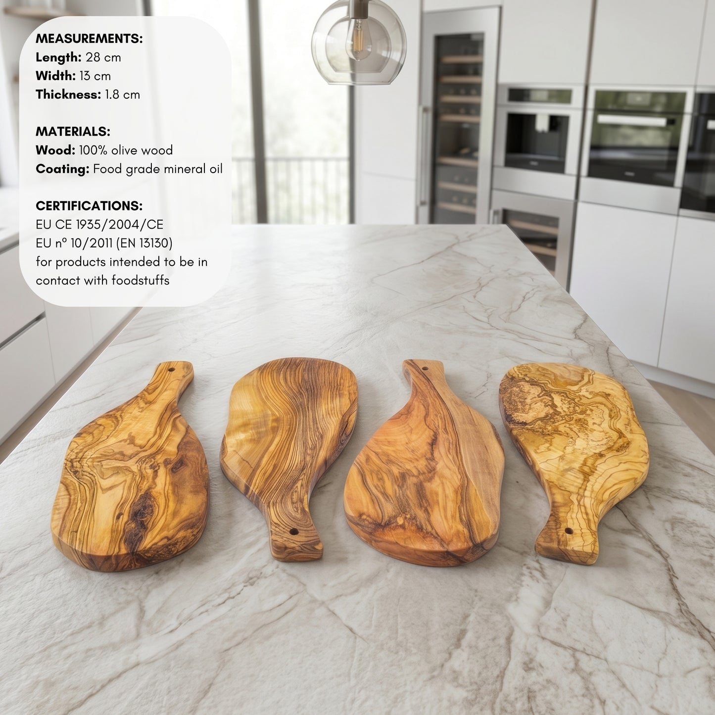 Conjunto de 4 Tábuas de Servir em Madeira de Oliveira Mediterrânica MENORCA, Artesanais, Corte, Enchidos, Pão de Queijo Barbecue (medidas aproximadas: 28x13x1,8 cm)