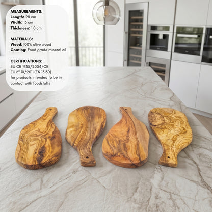 Conjunto de 4 Tábuas de Servir em Madeira de Oliveira Mediterrânica MENORCA, Artesanais, Corte, Enchidos, Pão de Queijo Barbecue (medidas aproximadas: 28x13x1,8 cm)