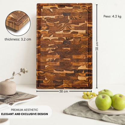 Planche à Découper XXL en Bois de TECK Naturel SIDNEY, de Bout, Bases Antidérapantes, Idéale pour Cuisine ou Barbecue, Servir Viande Fromage Pain, 58x38x3,2cm (fente à jus)