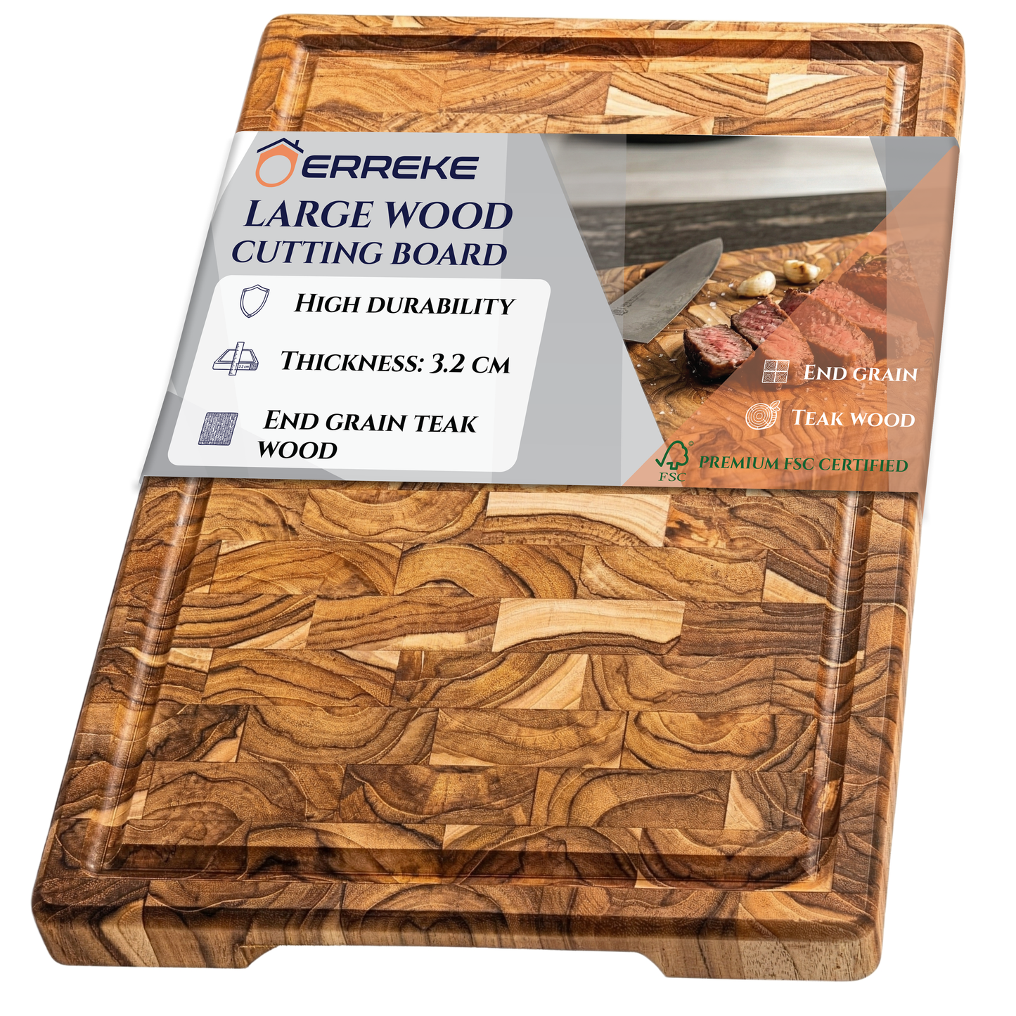 NOUVEAUTÉ Planche à découper BALI Plus en teck massif, idéale pour couper et servir viandes, pain et charcuterie, 44 × 29,5 × 3,8 cm, avec rigole à jus 