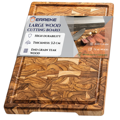 NOUVEAUTÉ Planche à découper BALI Plus en teck massif, idéale pour couper et servir viandes, pain et charcuterie, 44 × 29,5 × 3,8 cm, avec rigole à jus 