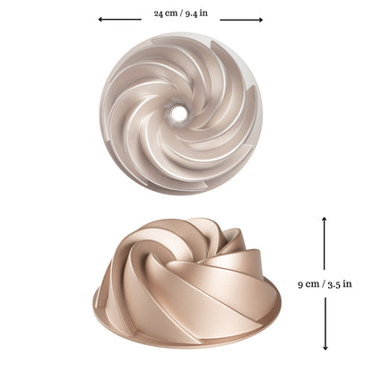 Molde ESPIRAL, bizcocho y tarta para horno, doble capa antiadherente, aluminio fundido de larga vida, Cocción Uniforme, Color Oro Rosa, diámetro 24cm, alto 9 cm, 1.8 litros.