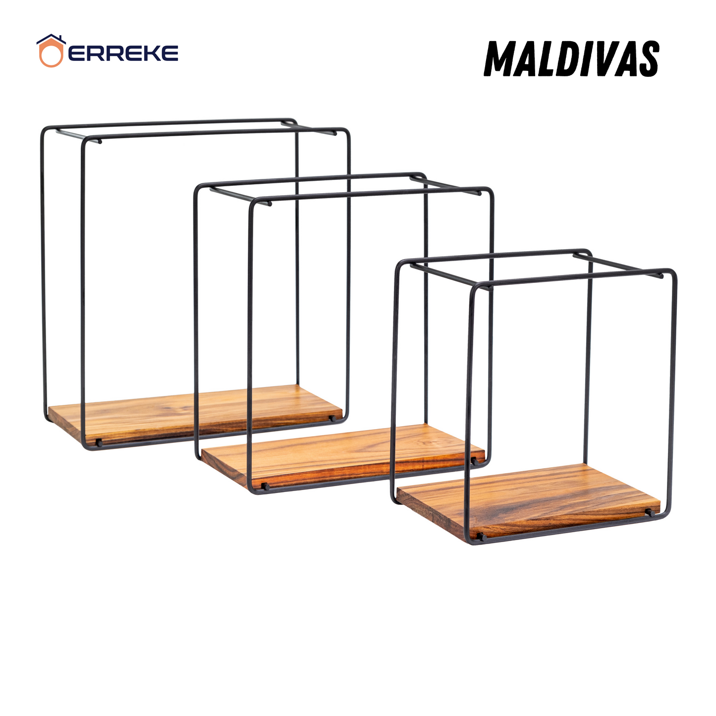 Set of 3 Wall Shelves in Teak Wood and Steel, MALDIVAS, modern and resistant
