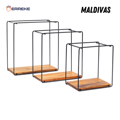 Set of 3 Wall Shelves in Teak Wood and Steel, MALDIVAS, modern and resistant
