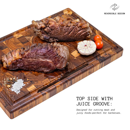Tabla de Cortar XL en Madera TECA Natural BALI, End Grain, Reversible, Cocina o Barbacoa, Servir Carne Queso Pan, 44x30x3,2cm (ranura para jugos)