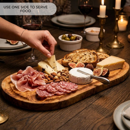 Tábua de Corte e Servir em Madeira de Oliveira Mediterrânica CERDEÑA, 100% artesanal, Oval com ranhura para sumo, Reversível, Enchidos, Carne, Churrasco, Queijo, Pão (cerca de 39 x 18 cm)