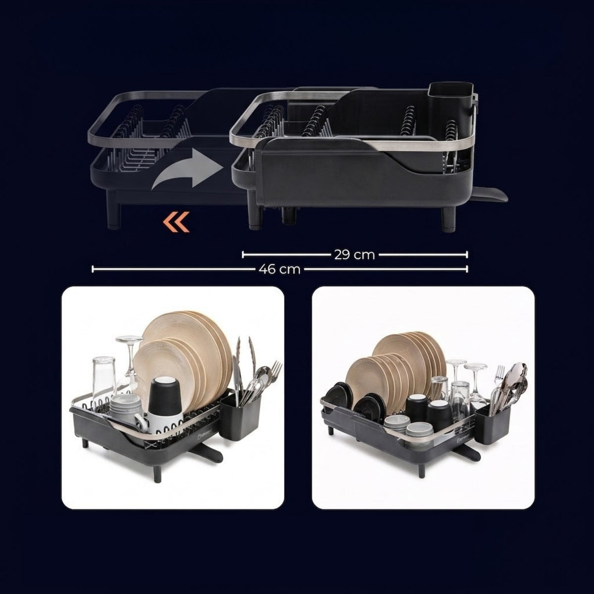 Extendable Dish Rack with Sink Drain Spout in Black