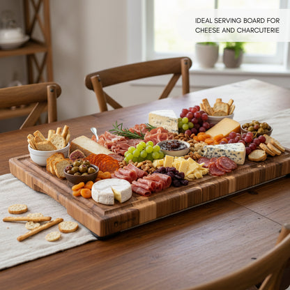 Planche à Découper XXL en Bois de TECK Naturel SIDNEY, de Bout, Bases Antidérapantes, Idéale pour Cuisine ou Barbecue, Servir Viande Fromage Pain, 58x38x3,2cm (fente à jus)