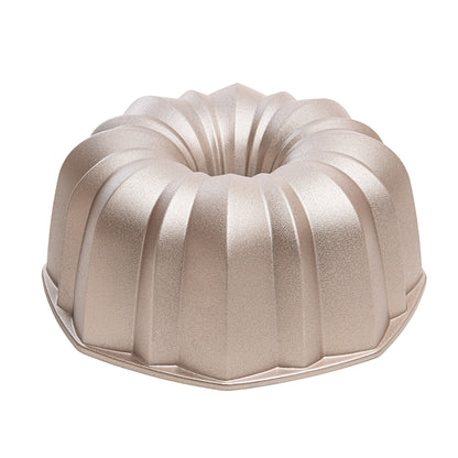 Molde FLOW, bizcocho y tarta para horno, doble capa antiadherente, aluminio fundido de larga vida, Cocción Uniforme, Color Oro Rosa, diámetro 24cm, alto 10 cm, 2.5 litros.