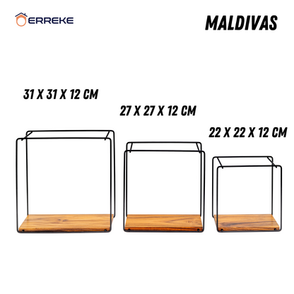 Set of 3 Wall Shelves in Teak Wood and Steel, MALDIVAS, modern and resistant