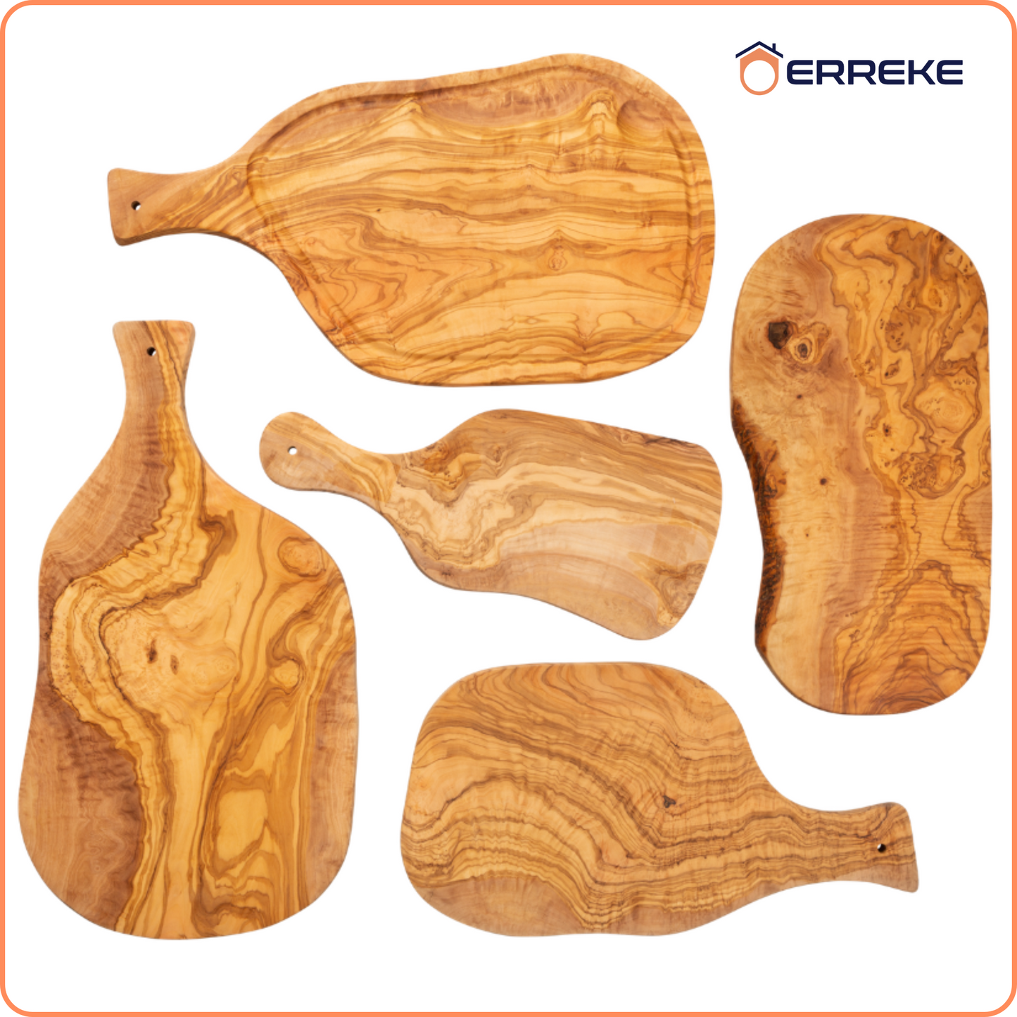 Snij- en serveertafel VALENCIA, in mediterraan olijfhout, 100% handgemaakt, met handvat, worstjes, vlees, BBQ, kaas, brood (ongeveer 39 x 18 x 1,8 cm)