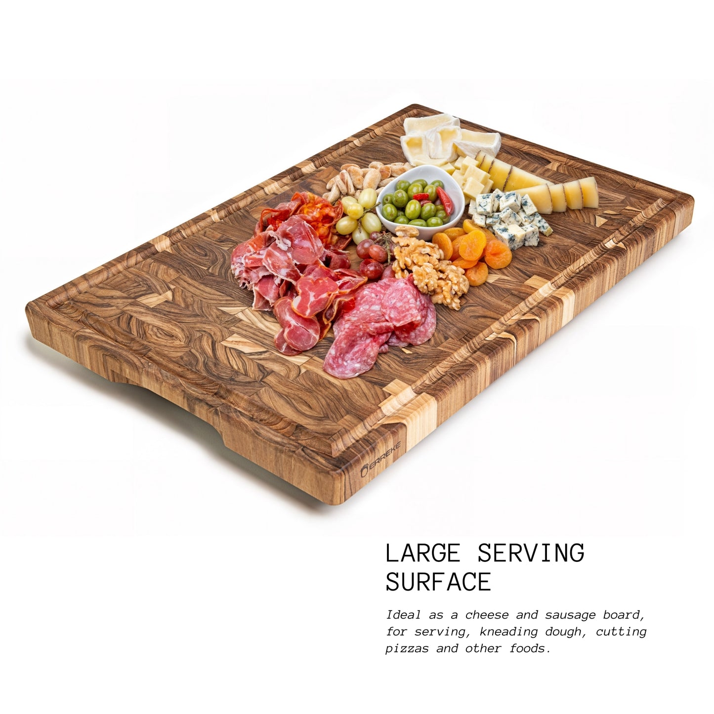 Tabla de Cortar XXL en Madera TECA Natural SIDNEY, End Grain, Bases Antideslizantes, Ideal Cocina o Barbacoa, Servir Carne Queso Pan, 58x38x3,2cm (ranura para jugos)