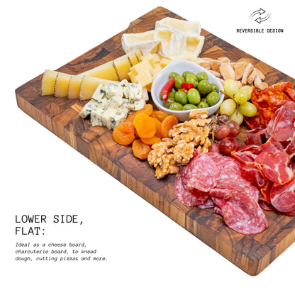 Tabla de Cortar XL en Madera TECA Natural BALI, End Grain, Reversible, Cocina o Barbacoa, Servir Carne Queso Pan, 44x30x3,2cm (ranura para jugos)