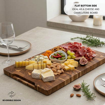 XL Tagliere in Legno TEAK BALI, Venatura Naturale, Reversibile, Cucina o BBQ, Servi Carne Formaggio Pane, 44x30x3,2cm (vano Succhi)