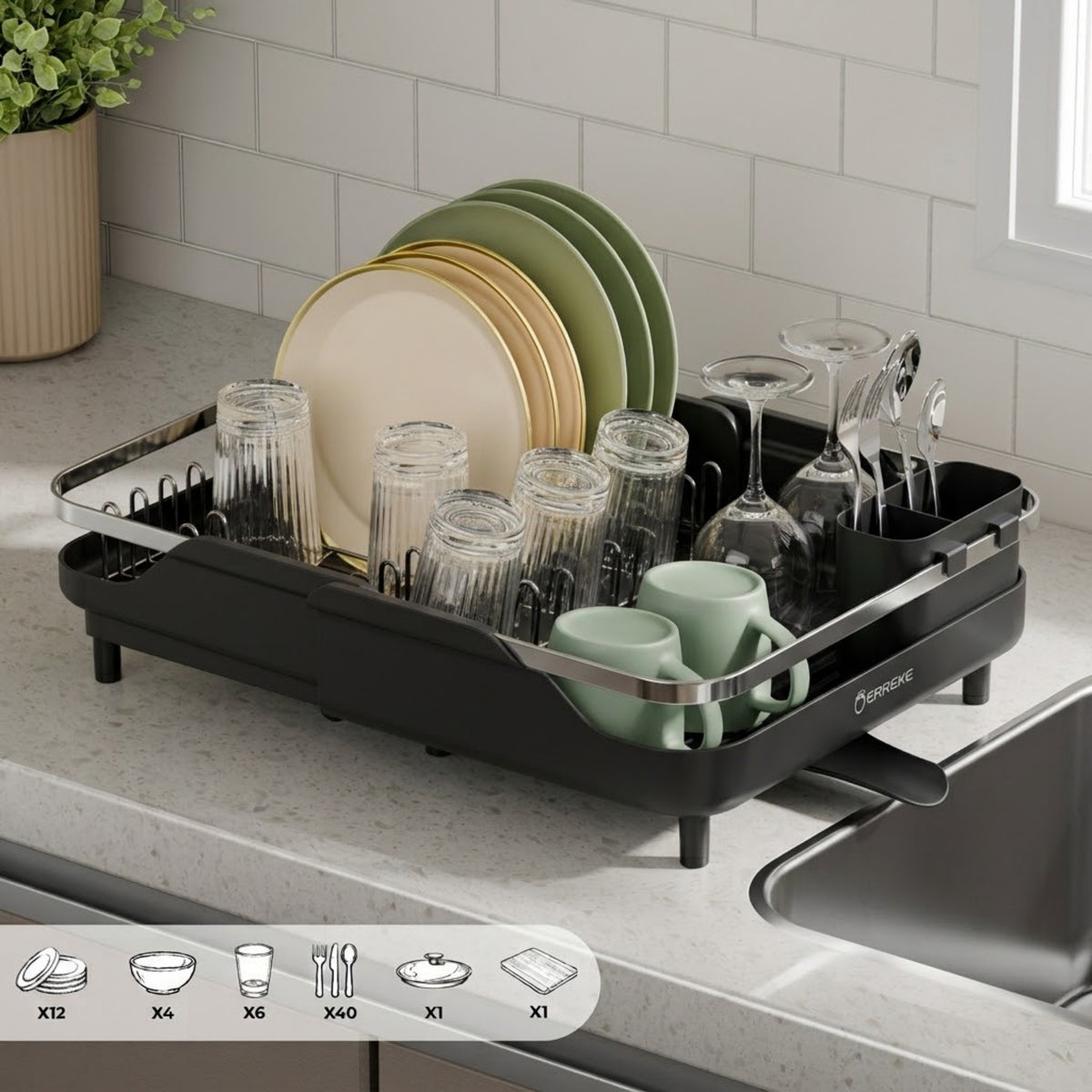 Extendable Dish Rack with Sink Drain Spout in Black