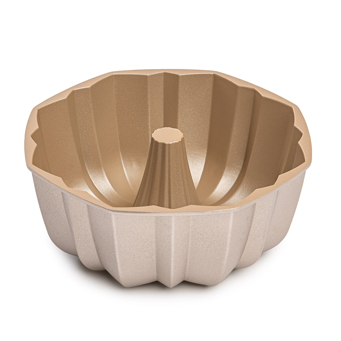 Molde FLOW, bizcocho y tarta para horno, doble capa antiadherente, aluminio fundido de larga vida, Cocción Uniforme, Color Oro Rosa, diámetro 24cm, alto 10 cm, 2.5 litros.