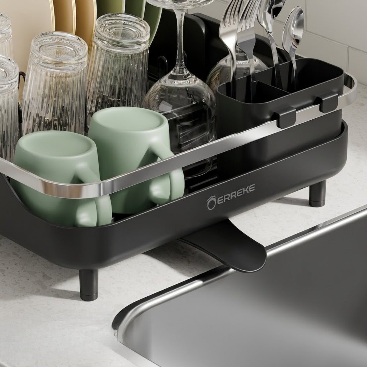 Extendable Dish Rack with Sink Drain Spout in Black