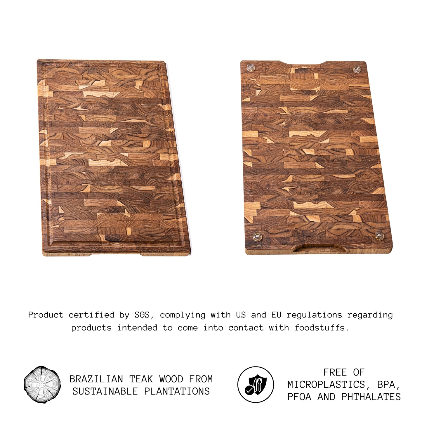 Tabla de Cortar XXL en Madera TECA Natural SIDNEY, End Grain, Bases Antideslizantes, Ideal Cocina o Barbacoa, Servir Carne Queso Pan, 58x38x3,2cm (ranura para jugos)