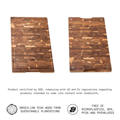 Tabla de Cortar XXL en Madera TECA Natural SIDNEY, End Grain, Bases Antideslizantes, Ideal Cocina o Barbacoa, Servir Carne Queso Pan, 58x38x3,2cm (ranura para jugos)