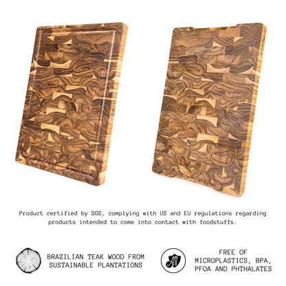 Tabla de Cortar XL en Madera TECA Natural BALI, End Grain, Reversible, Cocina o Barbacoa, Servir Carne Queso Pan, 44x30x3,2cm (ranura para jugos)