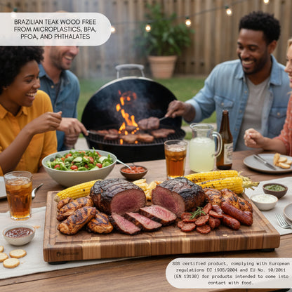Planche à Découper XXL en Bois de TECK Naturel SIDNEY, de Bout, Bases Antidérapantes, Idéale pour Cuisine ou Barbecue, Servir Viande Fromage Pain, 58x38x3,2cm (fente à jus)