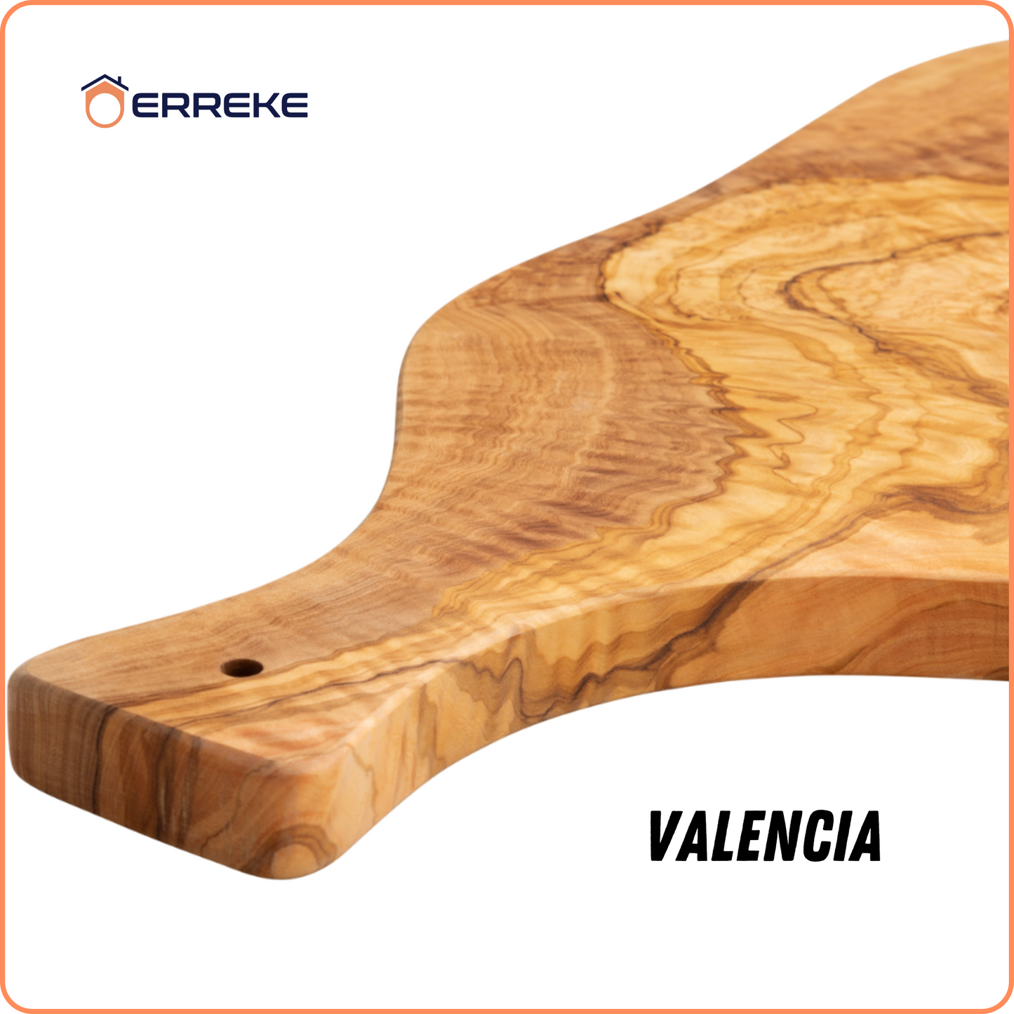 Snij- en serveertafel VALENCIA, in mediterraan olijfhout, 100% handgemaakt, met handvat, worstjes, vlees, BBQ, kaas, brood (ongeveer 39 x 18 x 1,8 cm)