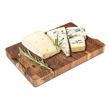 NEW ARRIVAL Tabla Cortar Cocina RIO, Madera de Teca End Grain Grosor 3.2 cm, Resistente, Servir Embutidos Queso Pan, 30x20.5x3.2 cm