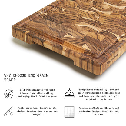 Tabla de Cortar XL en Madera TECA Natural BALI, End Grain, Reversible, Cocina o Barbacoa, Servir Carne Queso Pan, 44x30x3,2cm (ranura para jugos)