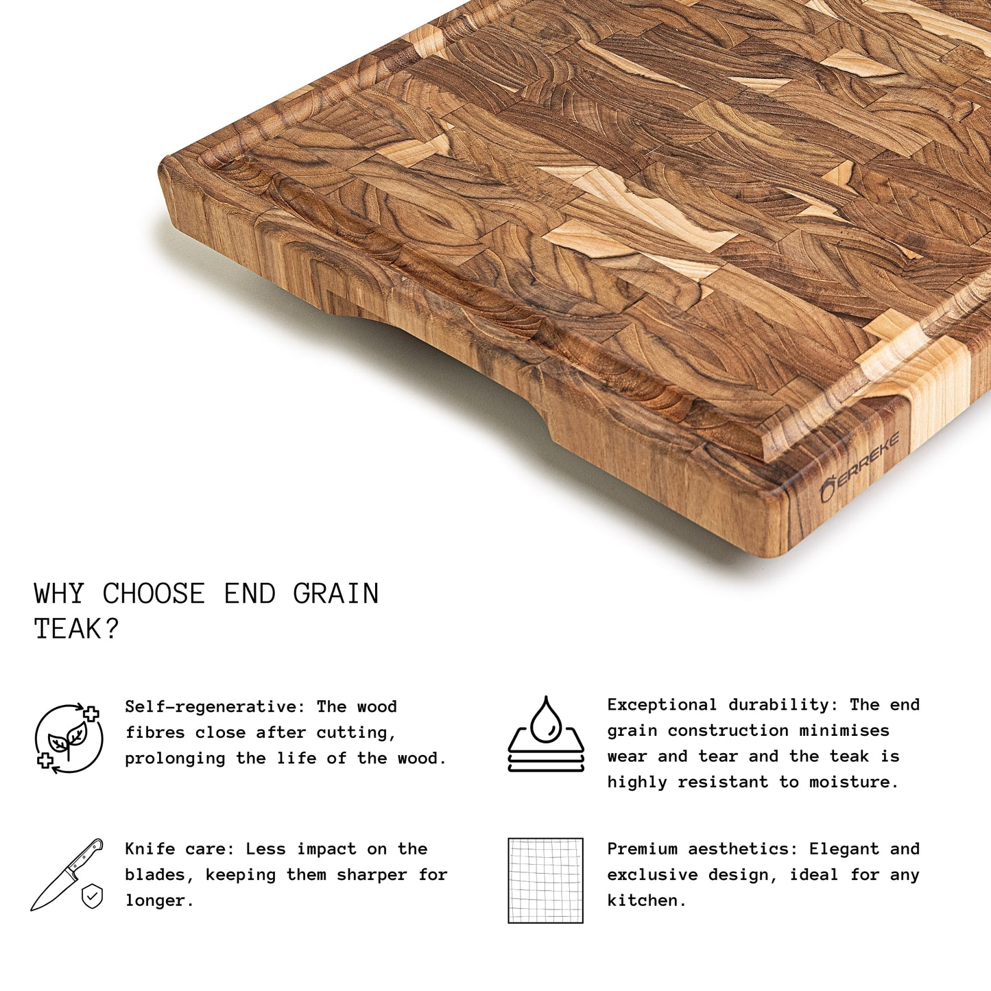 Tabla de Cortar XXL en Madera TECA Natural SIDNEY, End Grain, Bases Antideslizantes, Ideal Cocina o Barbacoa, Servir Carne Queso Pan, 58x38x3,2cm (ranura para jugos)