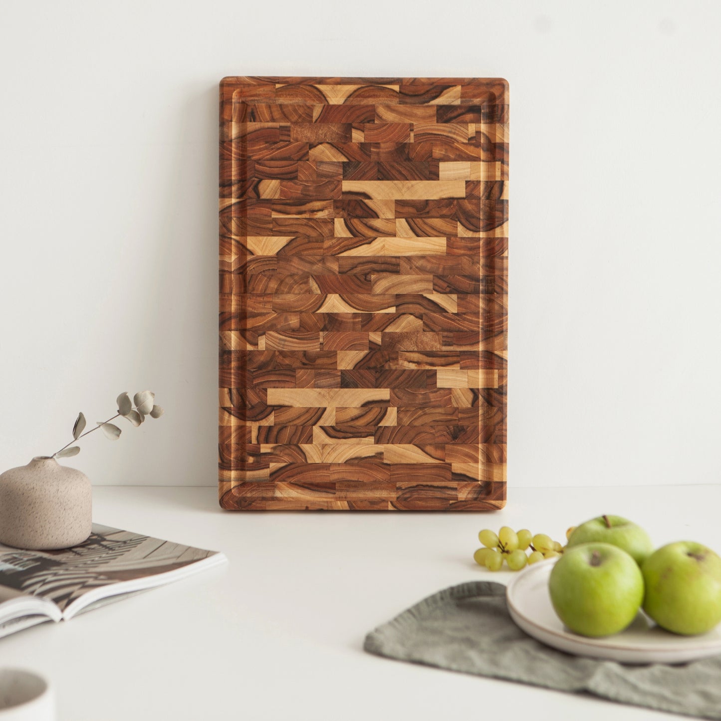 Tabla de Cortar XL en Madera TECA Natural BALI, End Grain, Reversible, Cocina o Barbacoa, Servir Carne Queso Pan, 44x30x3,2cm (ranura para jugos)