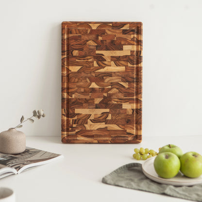 Tabla de Cortar XL en Madera TECA Natural BALI, End Grain, Reversible, Cocina o Barbacoa, Servir Carne Queso Pan, 44x30x3,2cm (ranura para jugos)