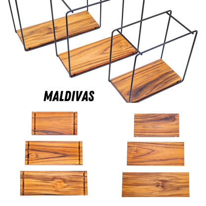 Set of 3 Wall Shelves in Teak Wood and Steel, MALDIVAS, modern and resistant