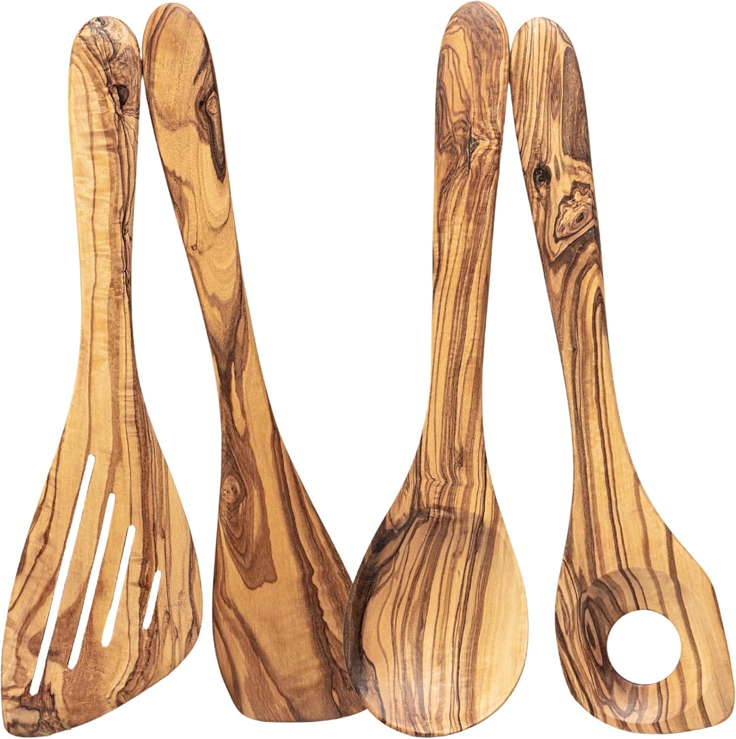 Conjunto de utensílios de cozinha em madeira de oliveira natural, set artesanal de 4 peças, colher e espátulas, design mediterrânico feito à mão