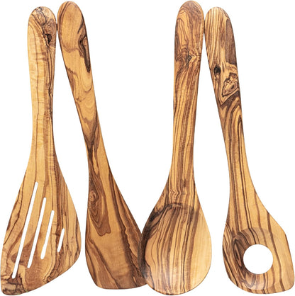 Conjunto de utensílios de cozinha em madeira de oliveira natural, set artesanal de 4 peças, colher e espátulas, design mediterrânico feito à mão