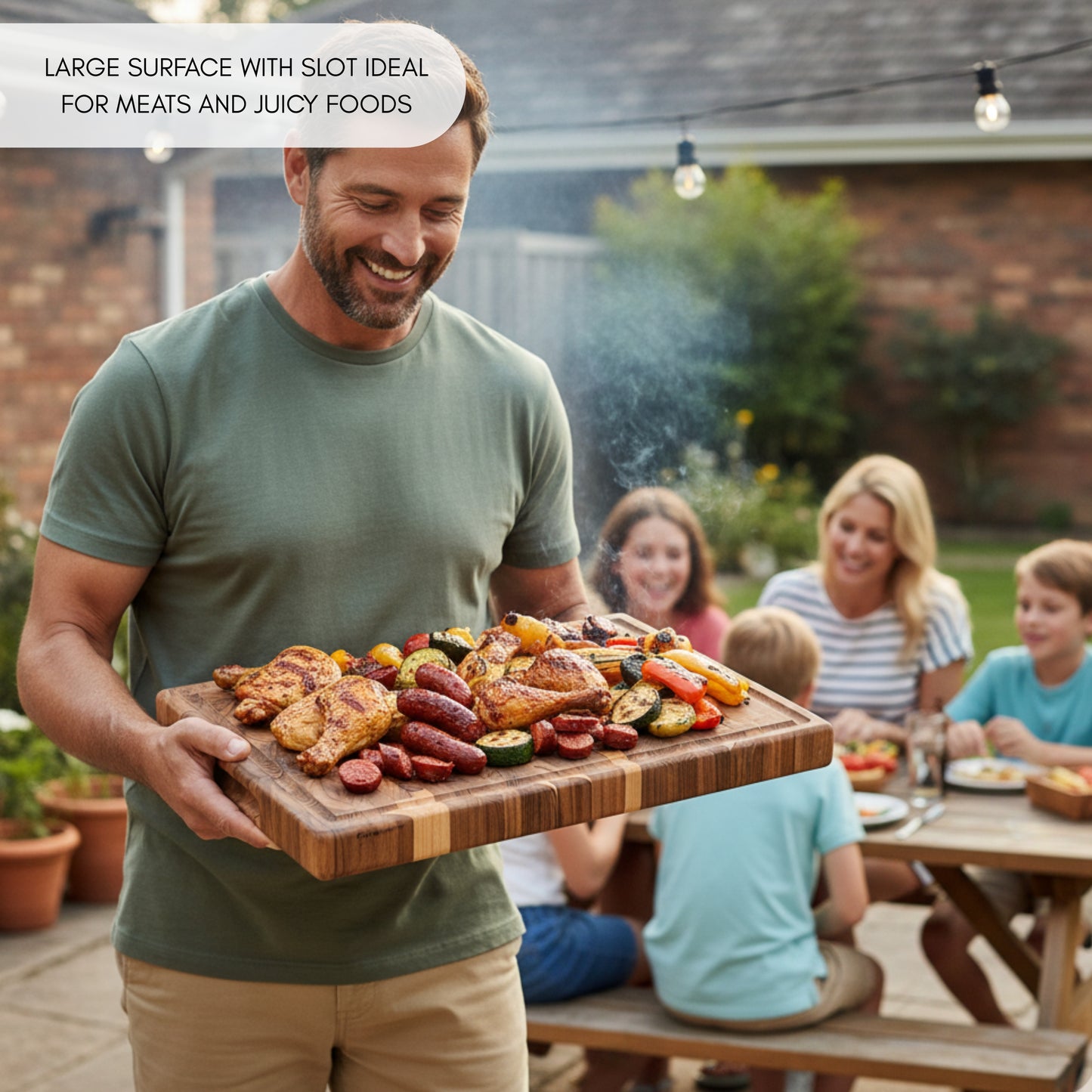 Planche à Découper XXL en Bois de TECK Naturel SIDNEY, de Bout, Bases Antidérapantes, Idéale pour Cuisine ou Barbecue, Servir Viande Fromage Pain, 58x38x3,2cm (fente à jus)