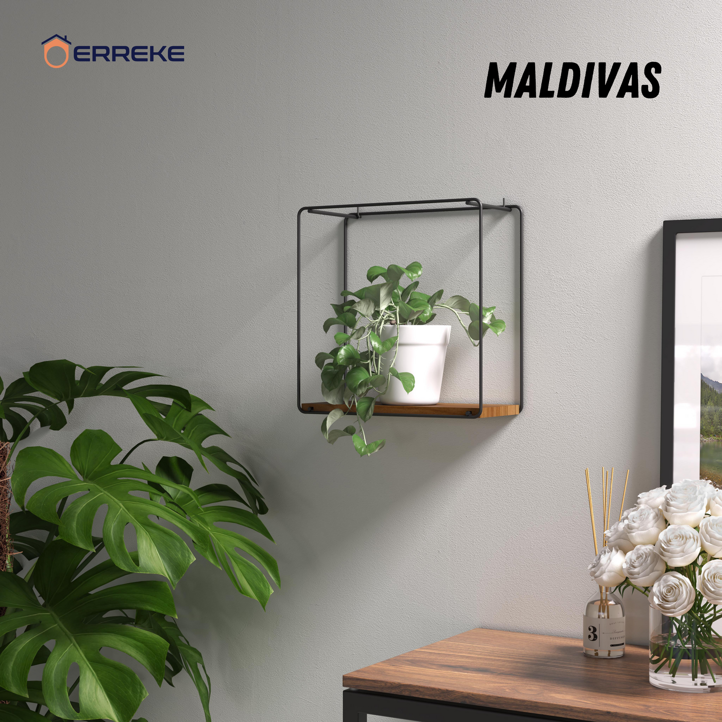 Set of 3 Wall Shelves in Teak Wood and Steel, MALDIVAS, modern and resistant