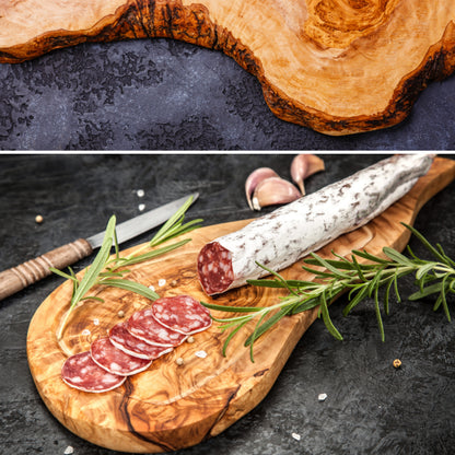 Mediterrane olijfhouten snij- en serveertafel MALLORCA, 100% handgemaakt, ovaal XXL, worstjes, vlees, barbecue, kaas, brood (ongeveer 51 x 26 x 2 cm)
