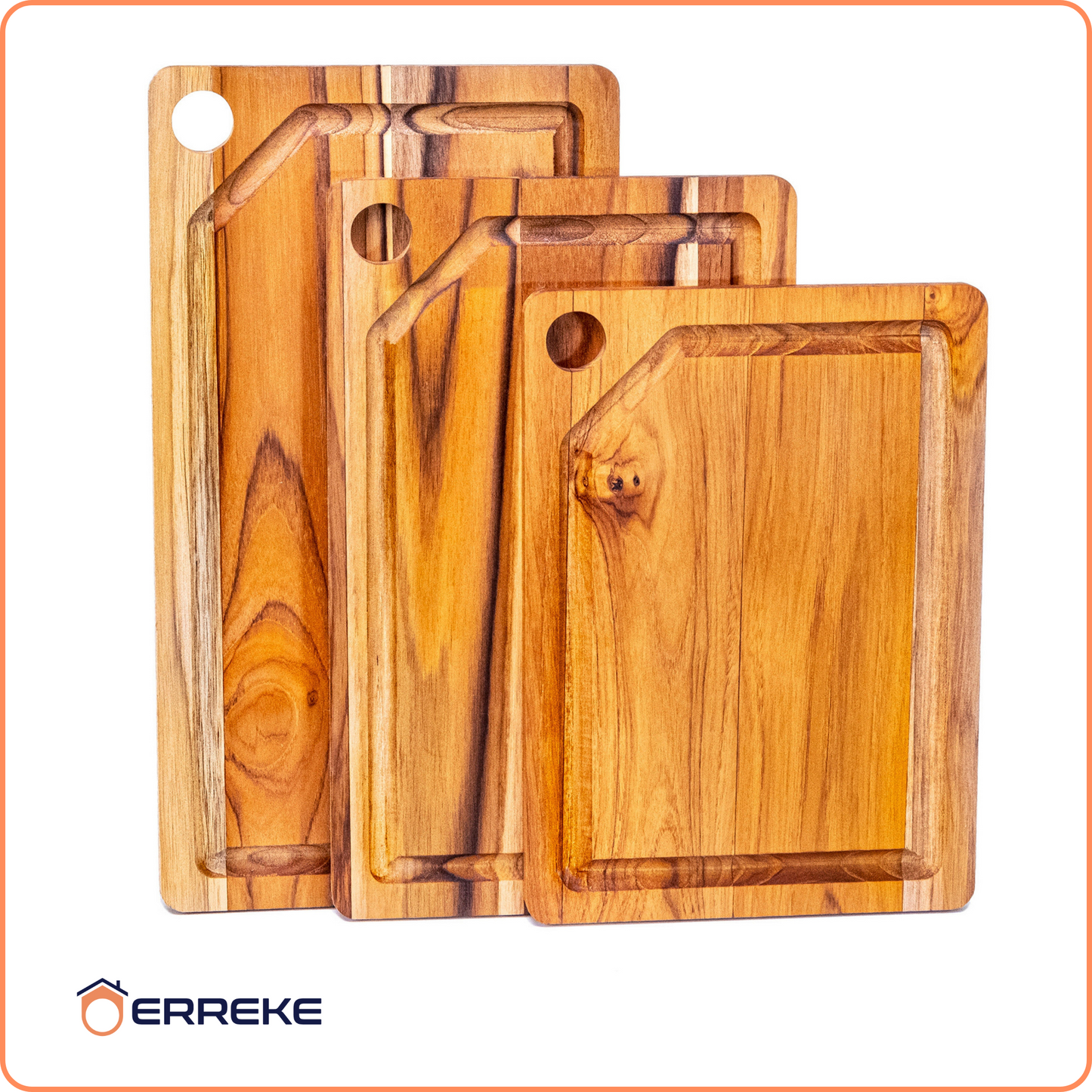 Set 3 Taglieri in Legno Teak Naturale, AMAZONA, Reversibile, 3 Misure, Supporto Incluso, Tagliere Cucina e Barbecue, Fessura Succhi