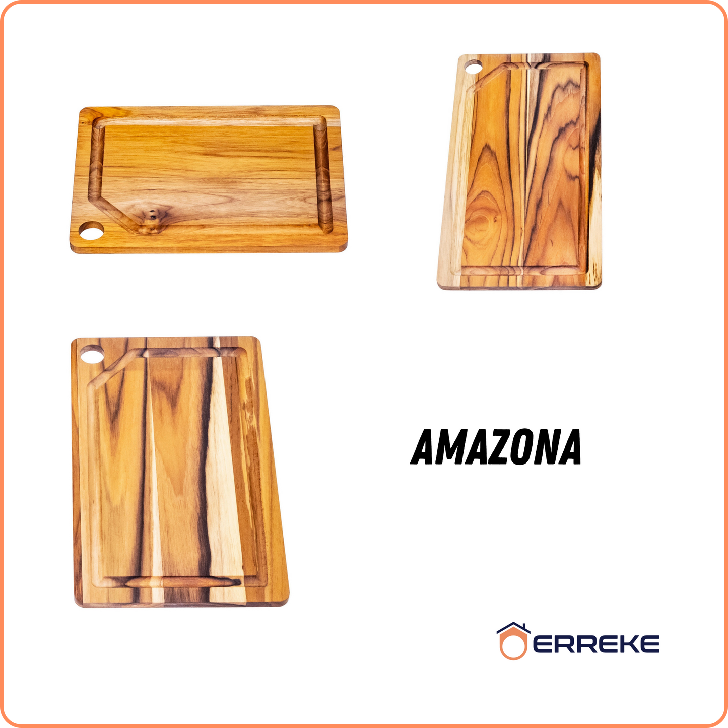 Set 3 Taglieri in Legno Teak Naturale, AMAZONA, Reversibile, 3 Misure, Supporto Incluso, Tagliere Cucina e Barbecue, Fessura Succhi
