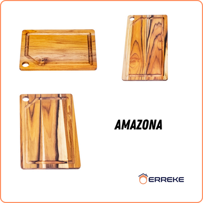 Set 3 Taglieri in Legno Teak Naturale, AMAZONA, Reversibile, 3 Misure, Supporto Incluso, Tagliere Cucina e Barbecue, Fessura Succhi
