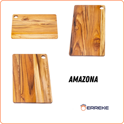 Set 3 Taglieri in Legno Teak Naturale, AMAZONA, Reversibile, 3 Misure, Supporto Incluso, Tagliere Cucina e Barbecue, Fessura Succhi