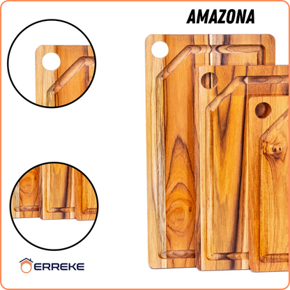 Set 3 Taglieri in Legno Teak Naturale, AMAZONA, Reversibile, 3 Misure, Supporto Incluso, Tagliere Cucina e Barbecue, Fessura Succhi