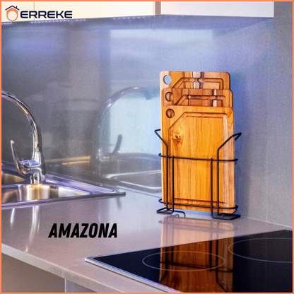 Set 3 Taglieri in Legno Teak Naturale, AMAZONA, Reversibile, 3 Misure, Supporto Incluso, Tagliere Cucina e Barbecue, Fessura Succhi